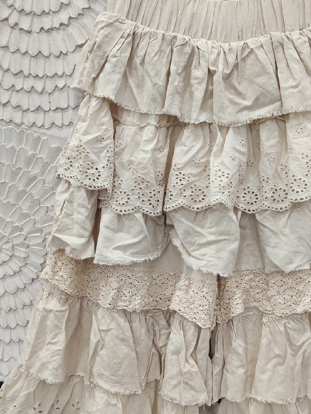 Boho Tiered Ruffle Eyelet Crochet Pants in Beige - Picture 4 of 8